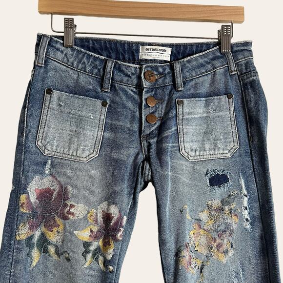 One Teaspoon Orchid Flare Leg Distressed Floral Patch Pocket Jeans 25 - Picture 5 of 16